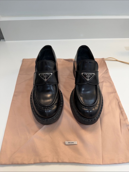 Prada Shoes - Prada Black Leather Lug-Sole Penny Loafers